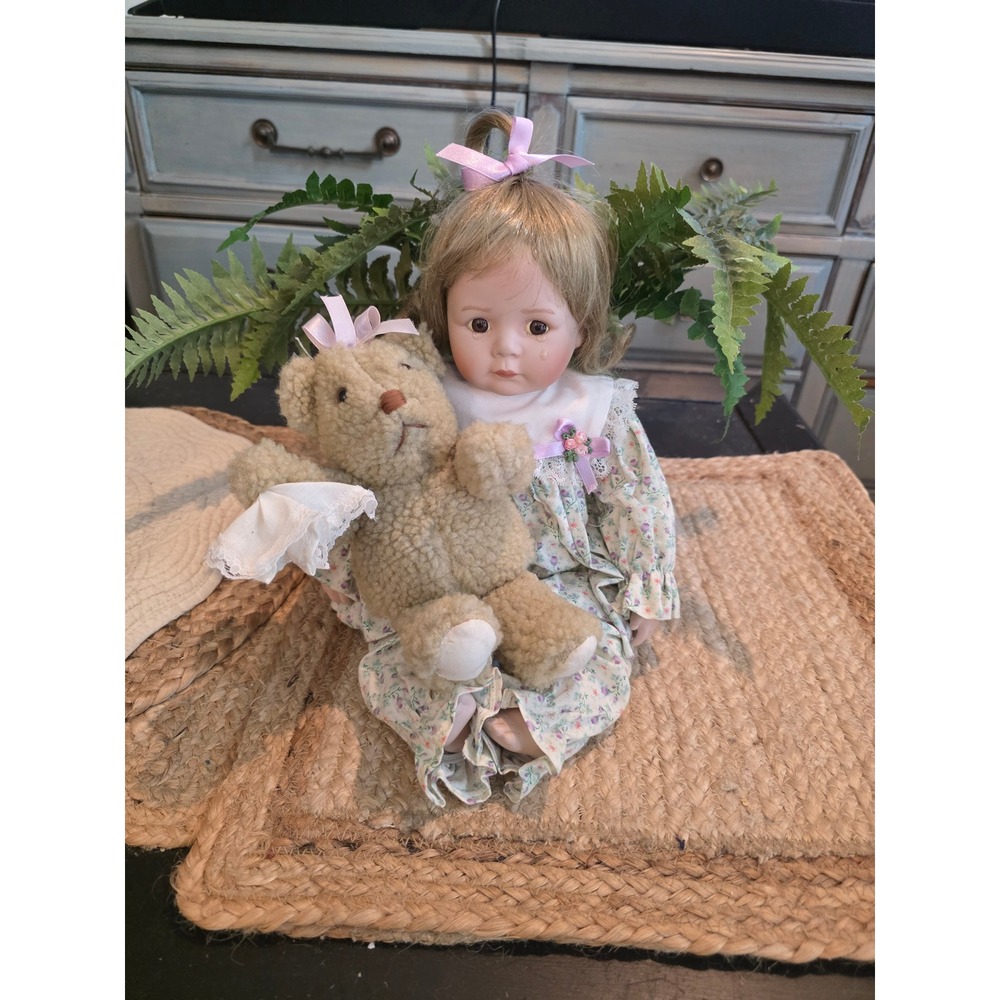 Vintage 1993 Ashton-Drake Crying Porcelain Doll with Teddy Bear and Handkerchief